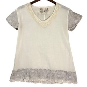 Johnny Was Womens Lace Trim Top S Ivory Silk Cotton Boho Romantic Short Sleeve